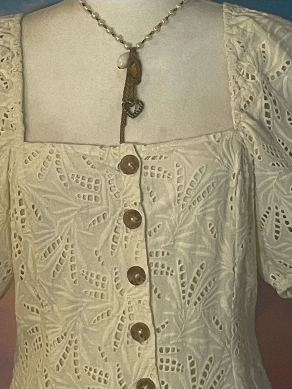 Darling Free People Cream Eyelet Puff Sleeve/ Button-Front Mini Dress